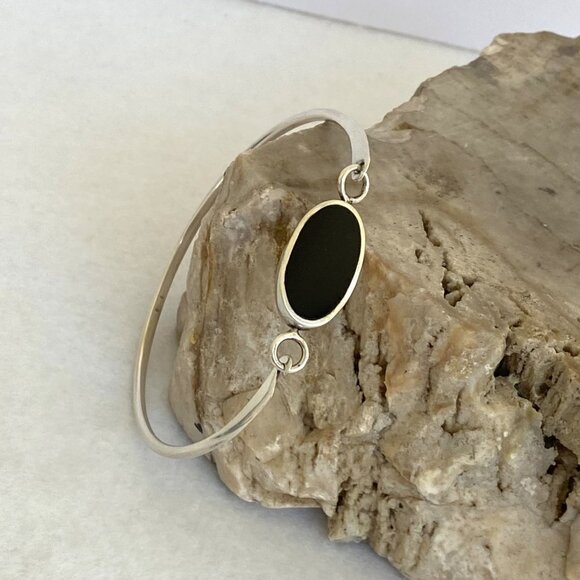 Sterling Silver Oval Black Onyx Geometric Reversible Hinged Bangle Bracelet 6.5" - Picture 12 of 16